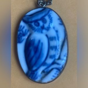 OWL necklace pottery shard Chinese vintage silver tone one of a kind porcelain